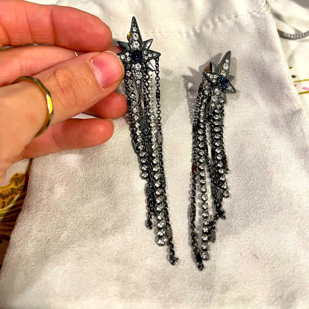 Black, blue silver star dangly earrings